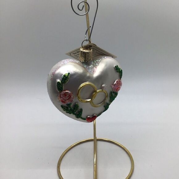 Old World Ornaments Blown Glass Heart with Intertwined Rings - Picture 1 of 3